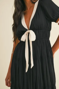 Tasha Short Puff Sleeve Contrast Bow Satin Maxi Dress Black