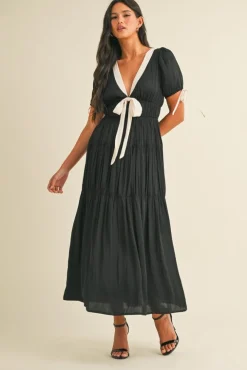 Tasha Short Puff Sleeve Contrast Bow Satin Maxi Dress Black