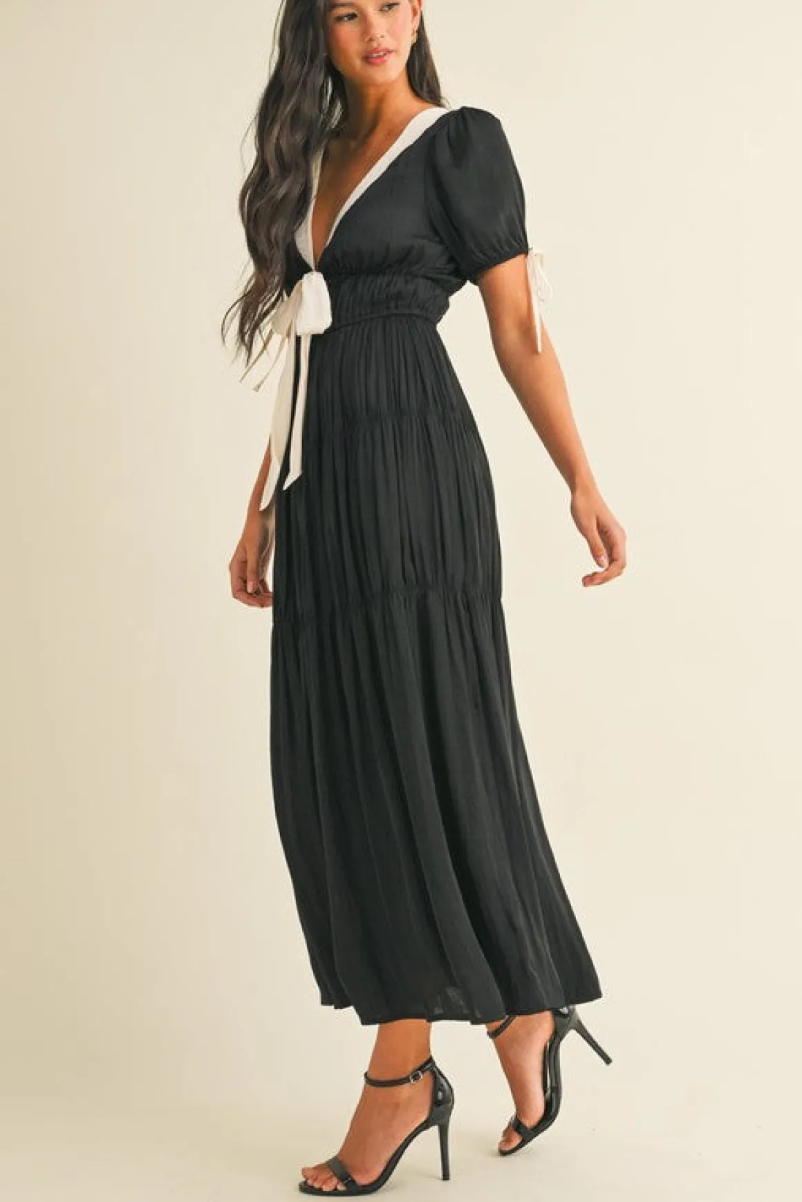Tasha Short Puff Sleeve Contrast Bow Satin Maxi Dress Black