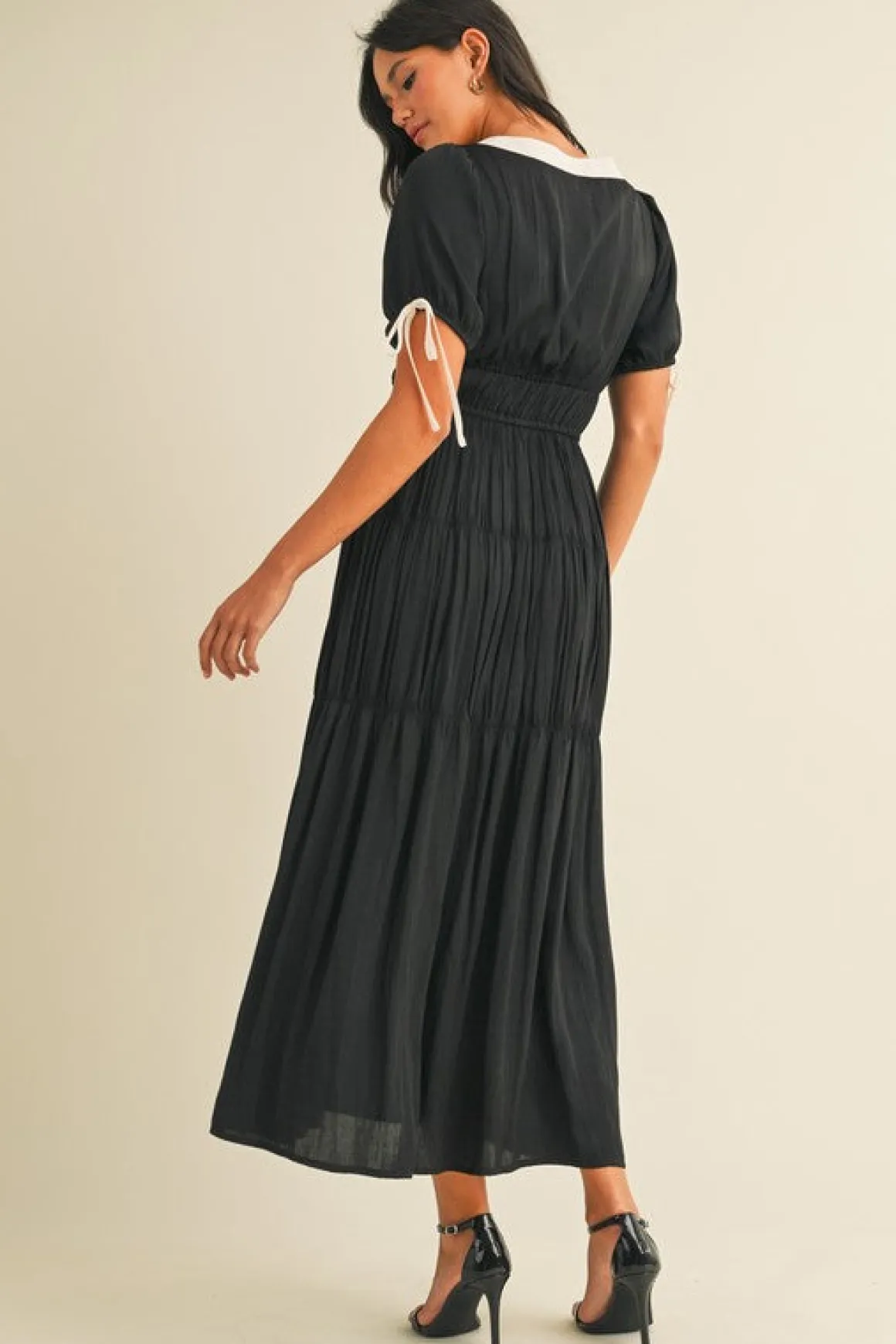 Tasha Short Puff Sleeve Contrast Bow Satin Maxi Dress Black