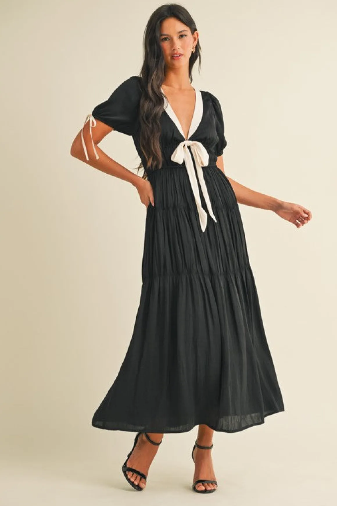 Tasha Short Puff Sleeve Contrast Bow Satin Maxi Dress Black