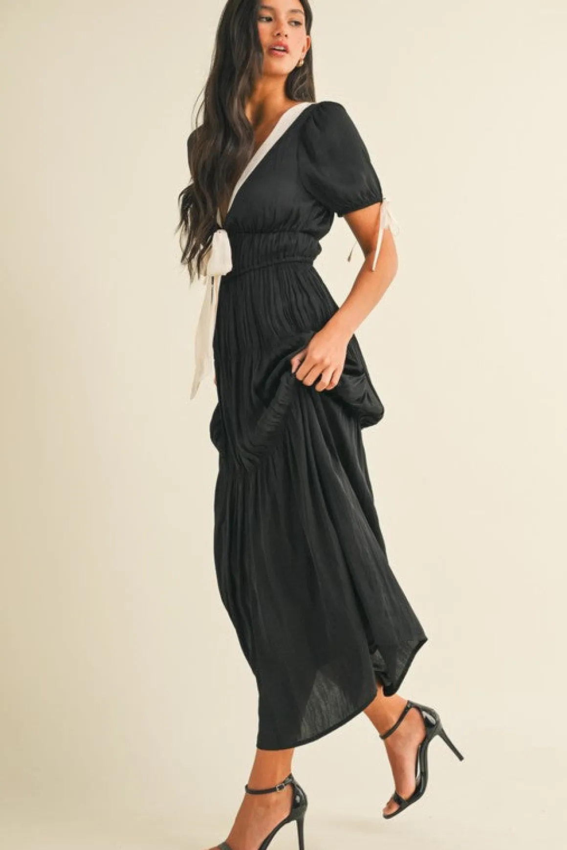 Tasha Short Puff Sleeve Contrast Bow Satin Maxi Dress Black