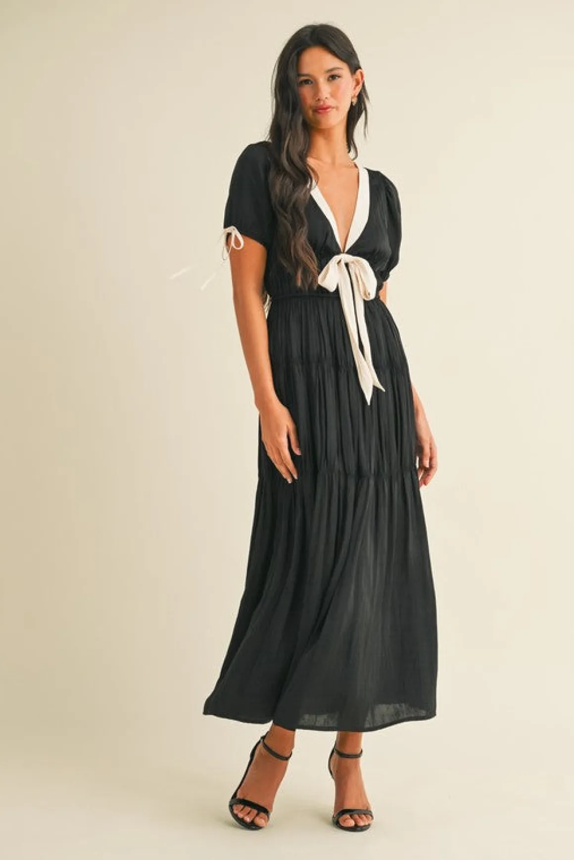 Tasha Short Puff Sleeve Contrast Bow Satin Maxi Dress Black