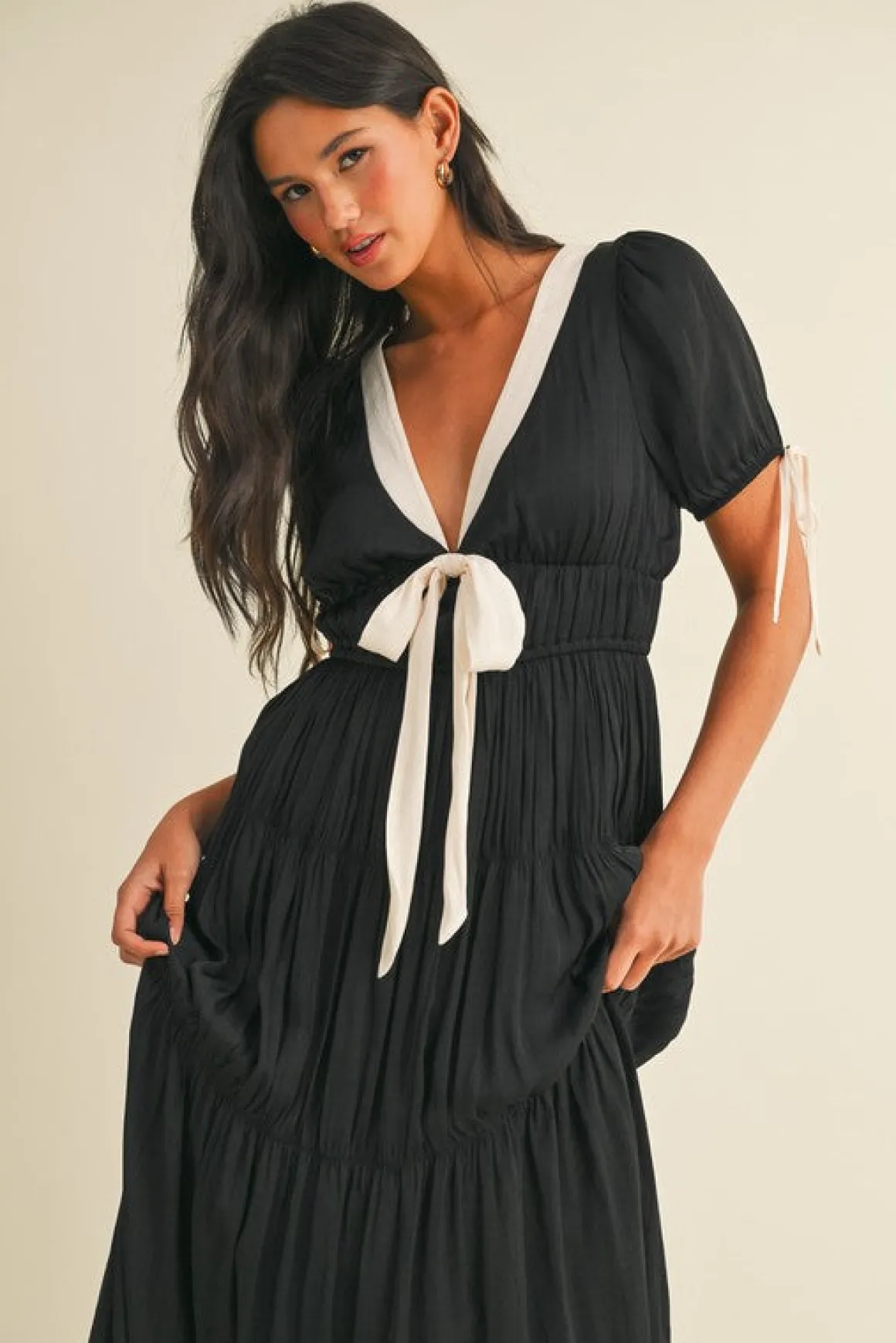 Tasha Short Puff Sleeve Contrast Bow Satin Maxi Dress Black