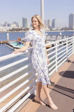 Tatiana Short Puff Sleeves Floral Print Wrap Midi Dress White