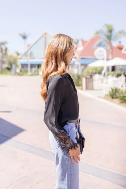 Taylor Long Sleeve Lace Cuff Button Down Satin Top Black
