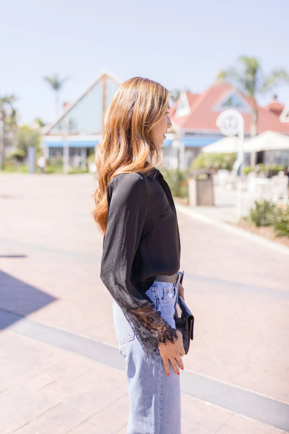 Taylor Long Sleeve Lace Cuff Button Down Satin Top Black