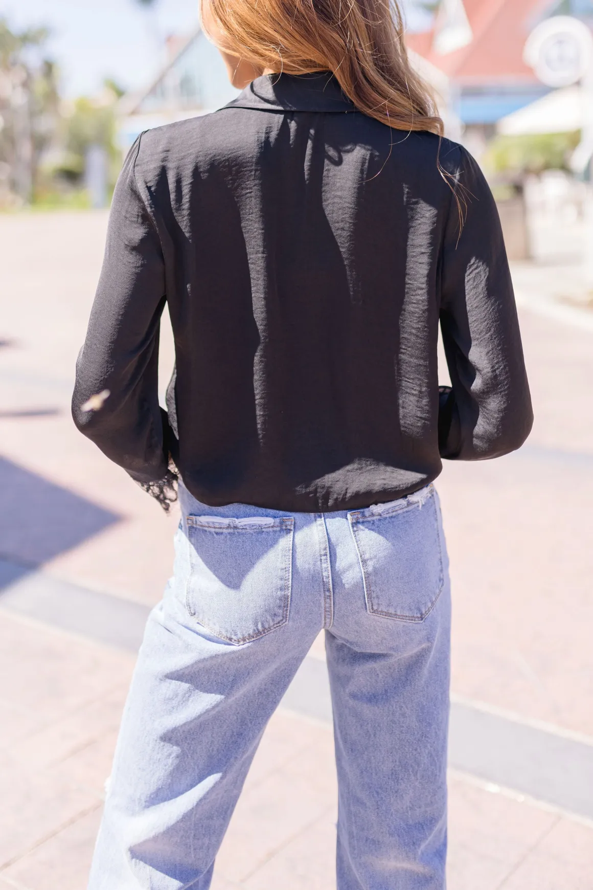 Taylor Long Sleeve Lace Cuff Button Down Satin Top Black