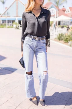 Taylor Long Sleeve Lace Cuff Button Down Satin Top Black