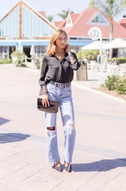 Taylor Long Sleeve Lace Cuff Button Down Satin Top Black