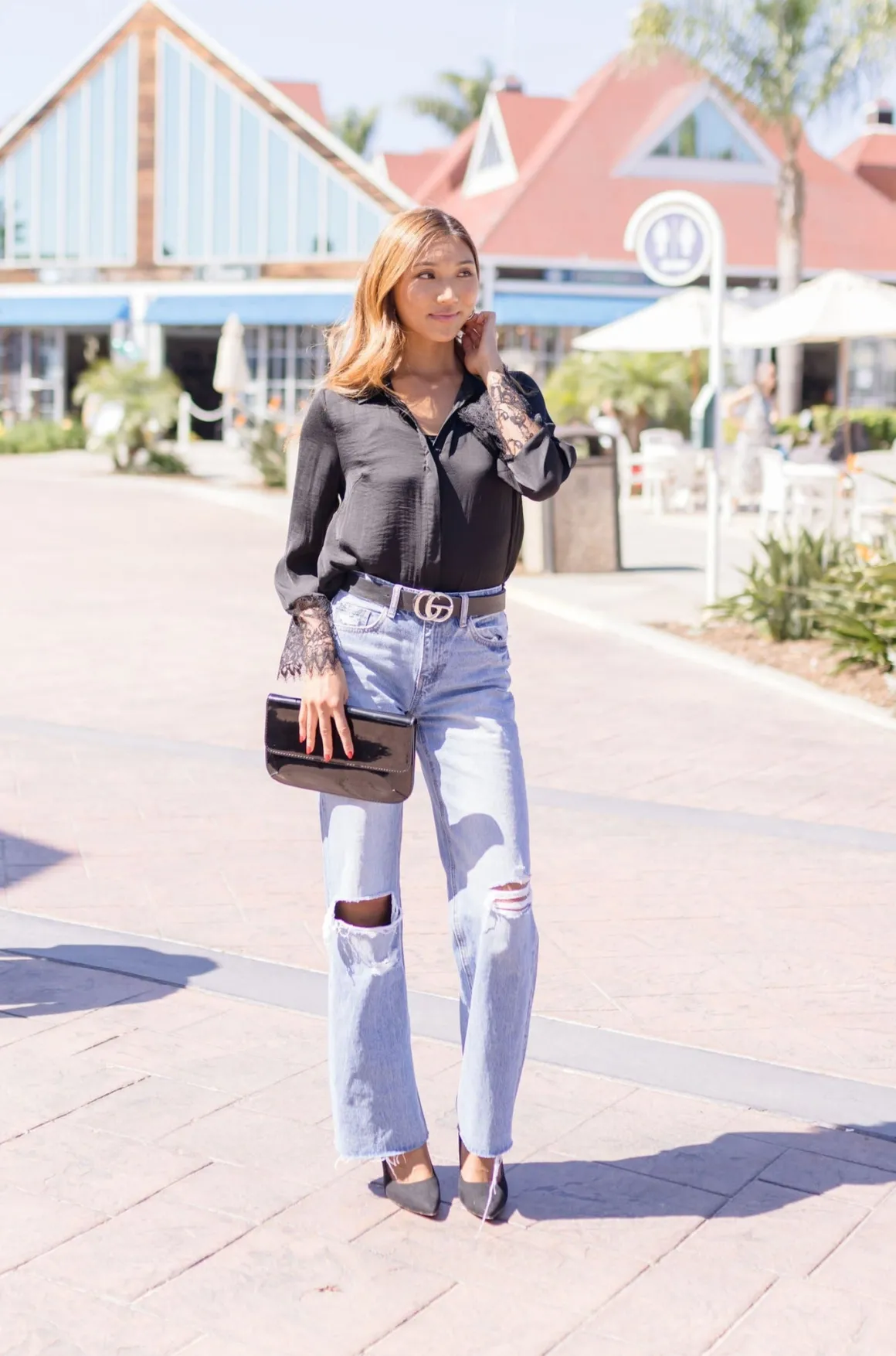 Taylor Long Sleeve Lace Cuff Button Down Satin Top Black