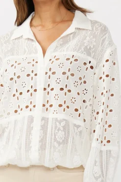Teanna Long Sleeve Embroidered Eyelet Button Down Top White