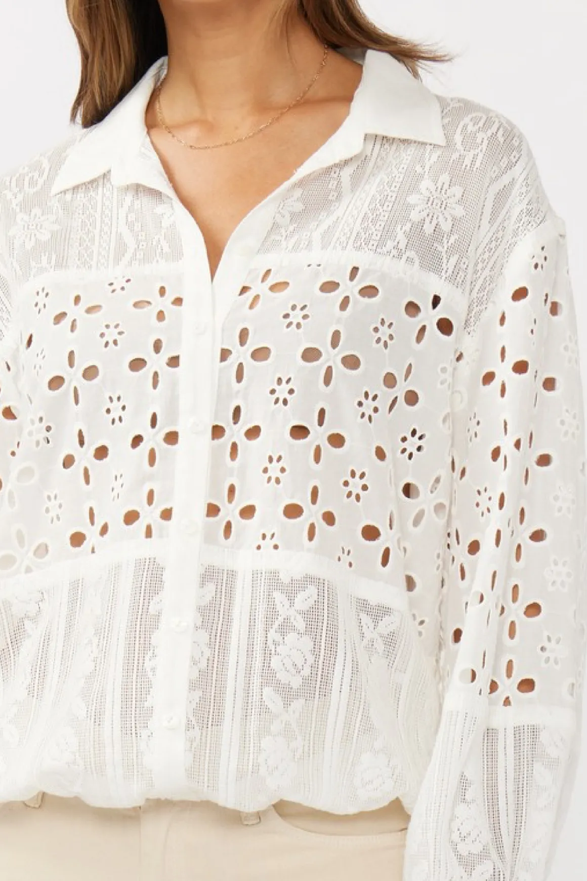 Teanna Long Sleeve Embroidered Eyelet Button Down Top White