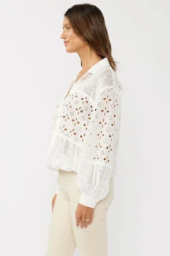 Teanna Long Sleeve Embroidered Eyelet Button Down Top White