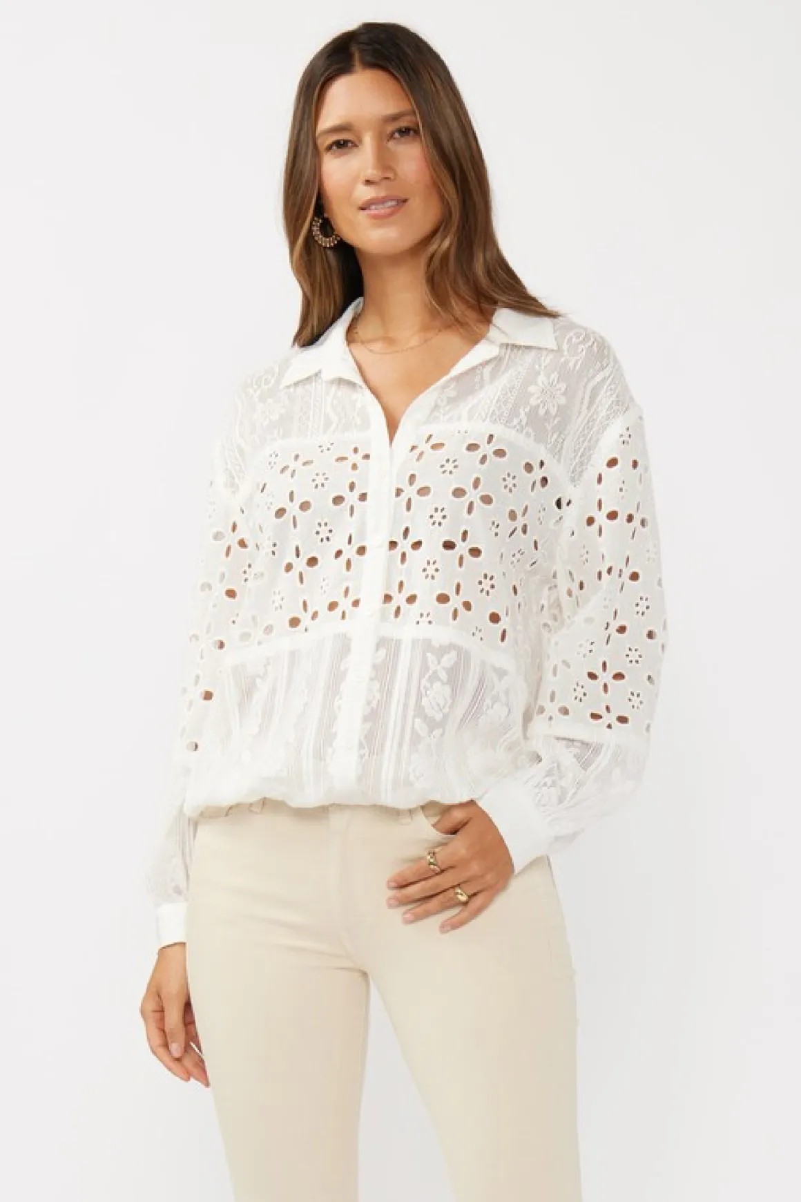 Teanna Long Sleeve Embroidered Eyelet Button Down Top White