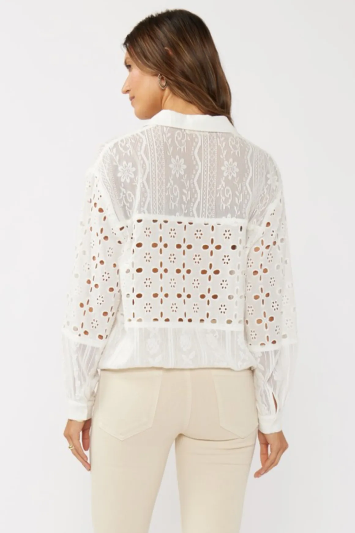Teanna Long Sleeve Embroidered Eyelet Button Down Top White