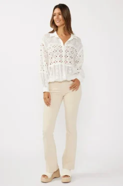 Teanna Long Sleeve Embroidered Eyelet Button Down Top White