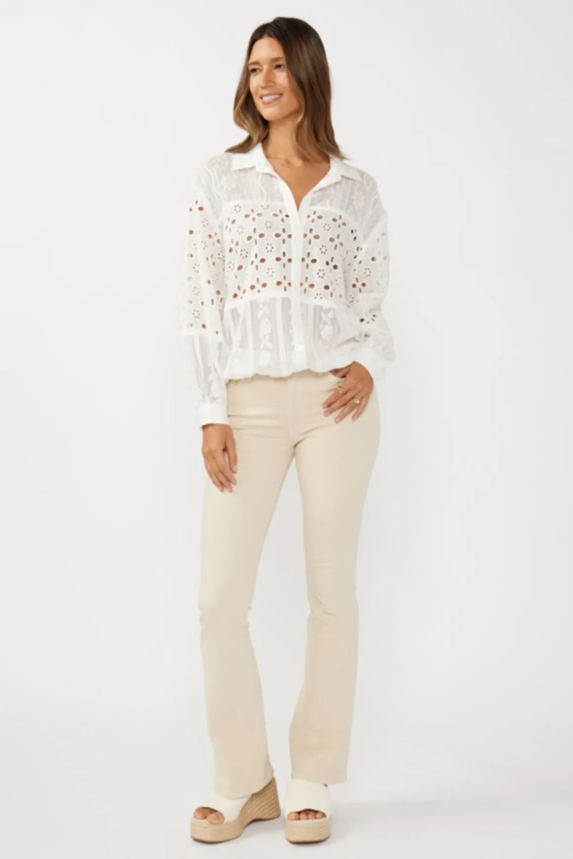 Teanna Long Sleeve Embroidered Eyelet Button Down Top White