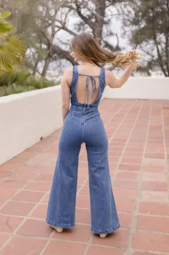 Tegan Sleeveless Open Back Wide Leg Denim Jumpsuit Medium Wash
