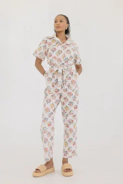 Tessa Short Sleeve Button Down Floral Print Denim Jumpsuit White