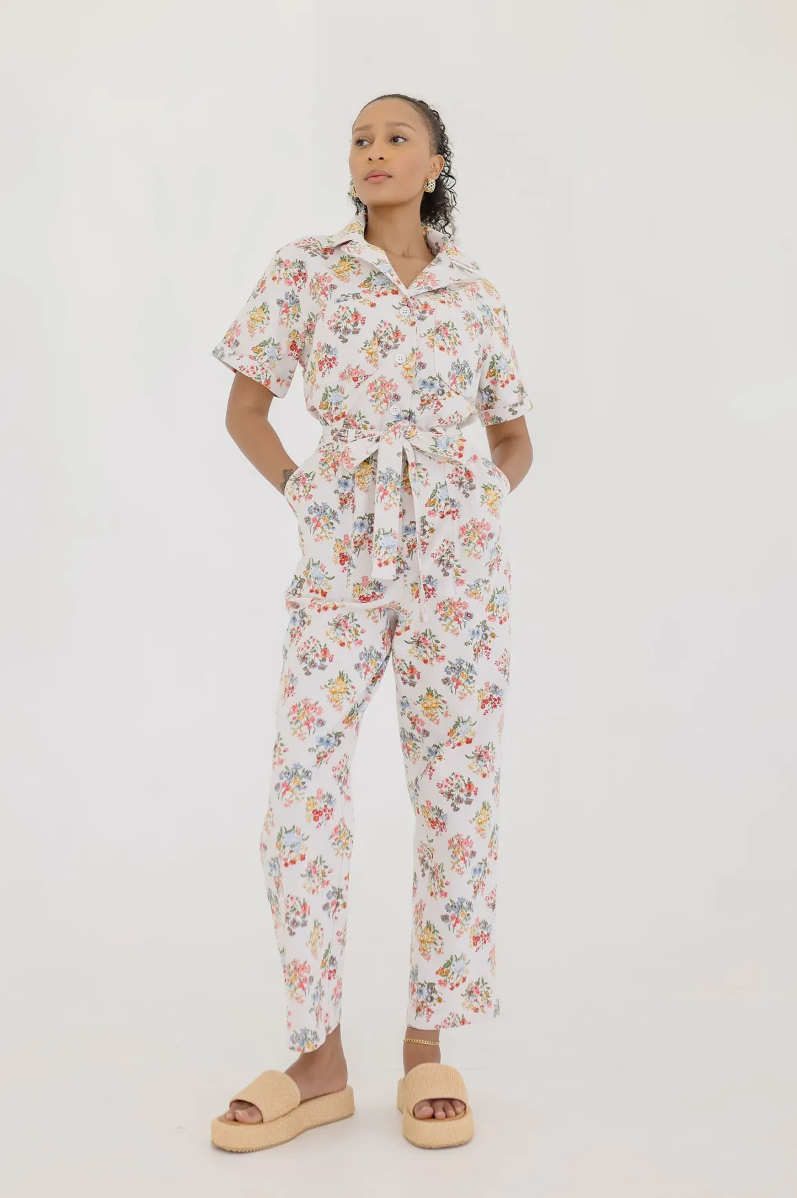 Tessa Short Sleeve Button Down Floral Print Denim Jumpsuit White