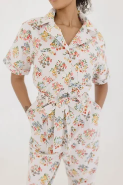 Tessa Short Sleeve Button Down Floral Print Denim Jumpsuit White