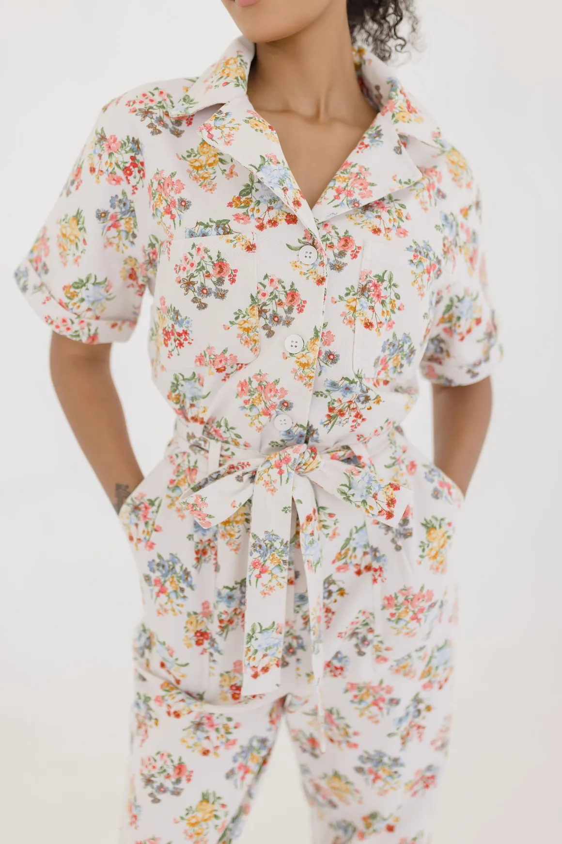Tessa Short Sleeve Button Down Floral Print Denim Jumpsuit White