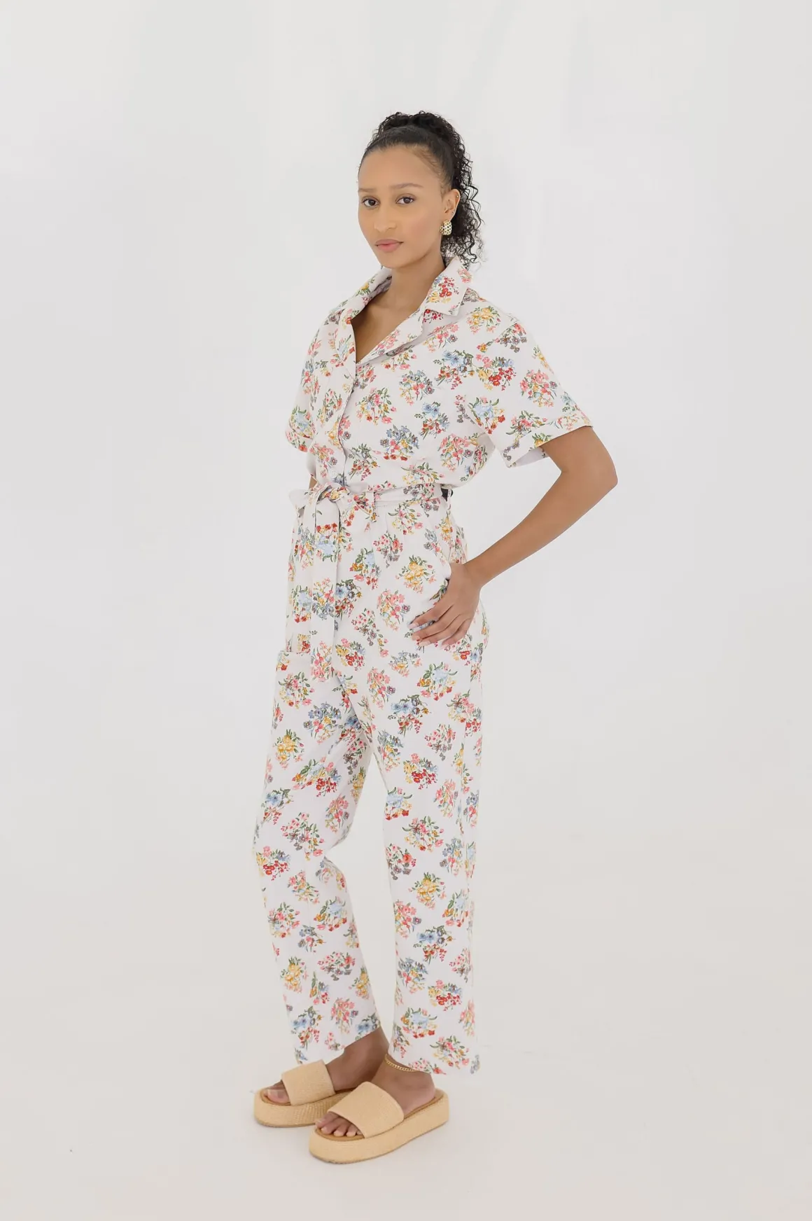 Tessa Short Sleeve Button Down Floral Print Denim Jumpsuit White