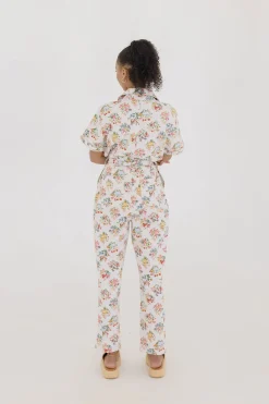 Tessa Short Sleeve Button Down Floral Print Denim Jumpsuit White