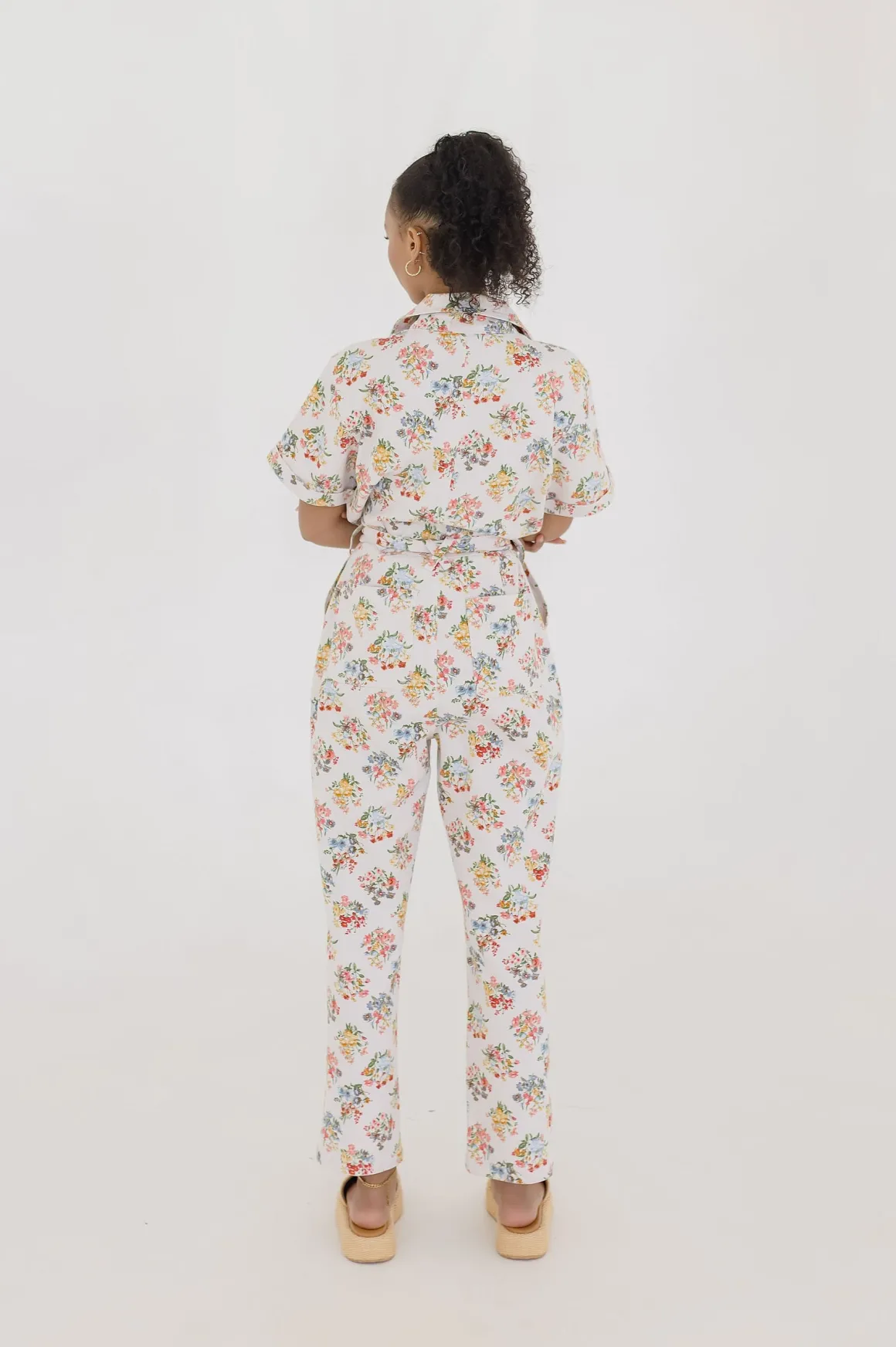 Tessa Short Sleeve Button Down Floral Print Denim Jumpsuit White