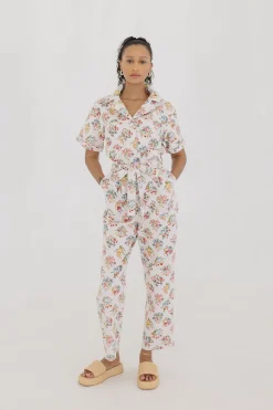 Tessa Short Sleeve Button Down Floral Print Denim Jumpsuit White