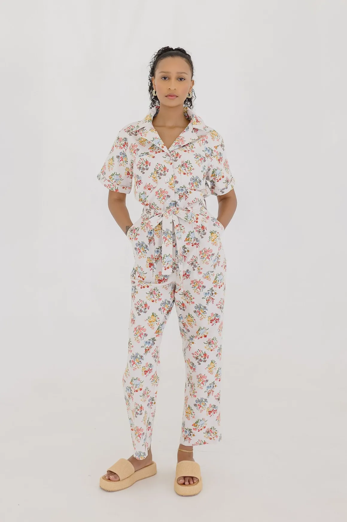 Tessa Short Sleeve Button Down Floral Print Denim Jumpsuit White