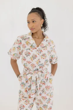 Tessa Short Sleeve Button Down Floral Print Denim Jumpsuit White