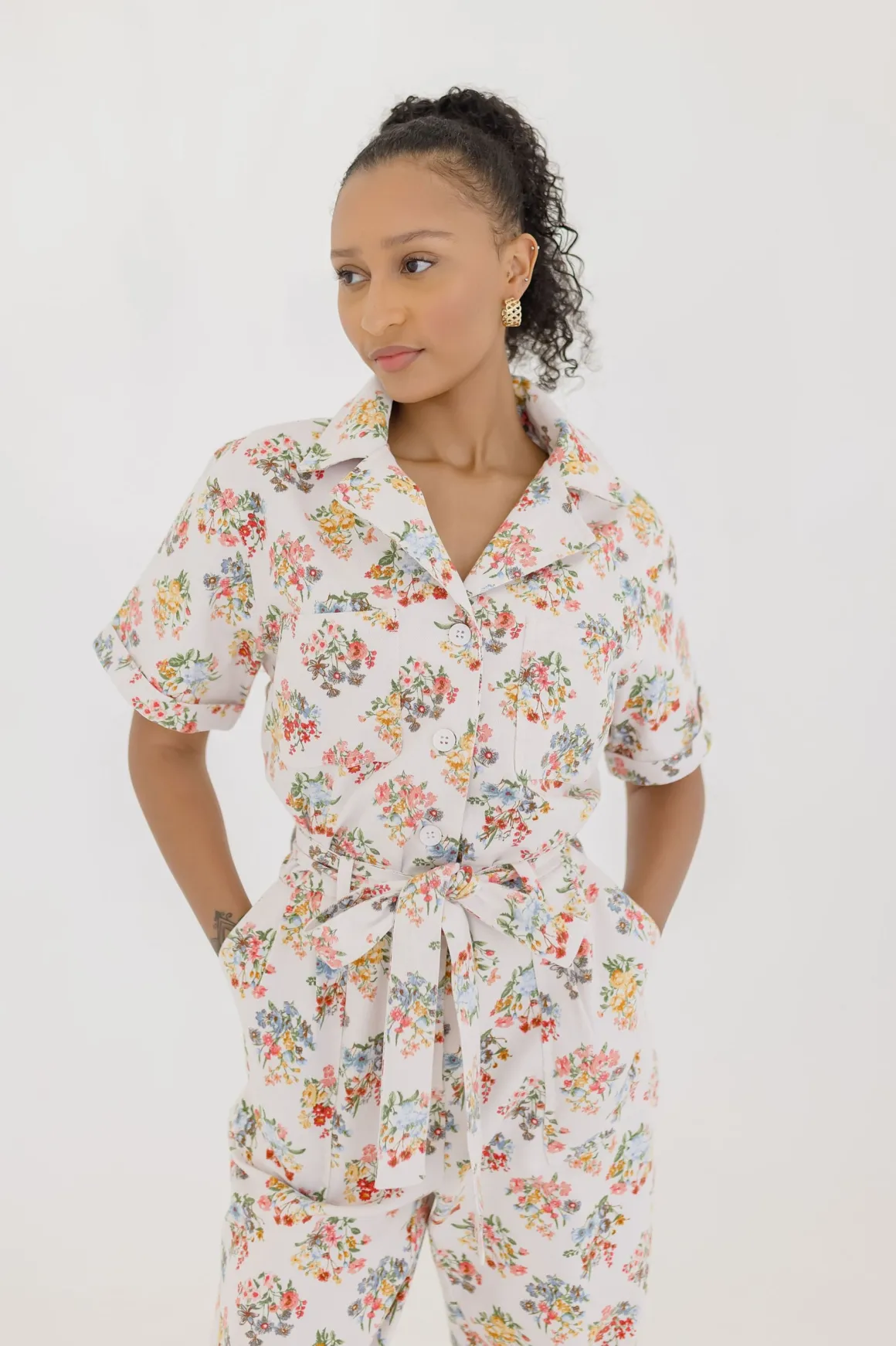 Tessa Short Sleeve Button Down Floral Print Denim Jumpsuit White