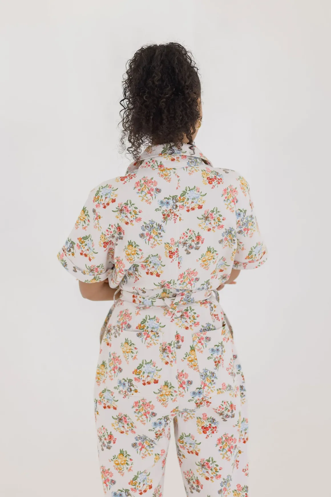 Tessa Short Sleeve Button Down Floral Print Denim Jumpsuit White