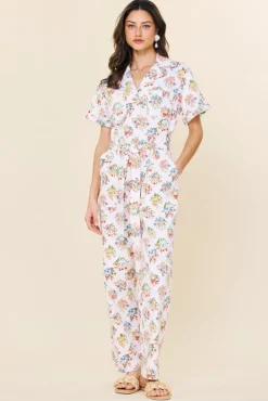 Tessa Short Sleeve Button Down Floral Print Denim Jumpsuit White