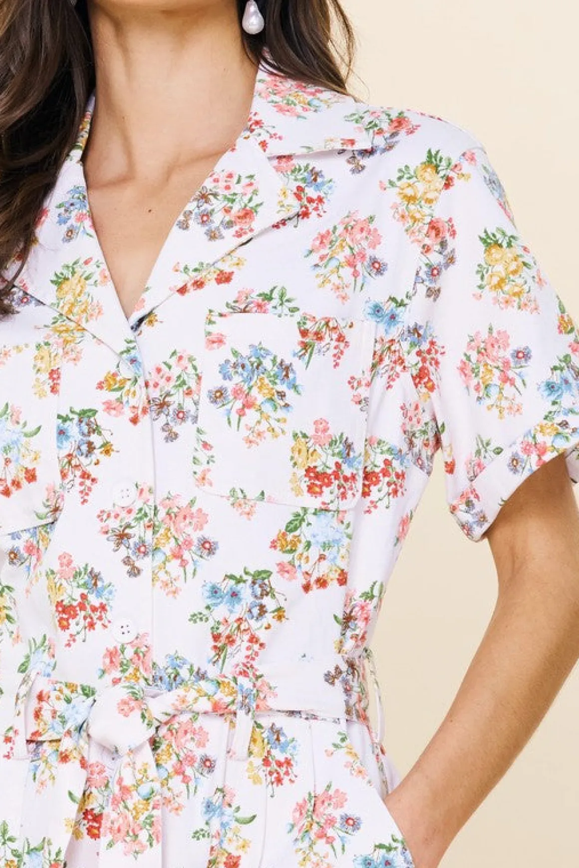 Tessa Short Sleeve Button Down Floral Print Denim Jumpsuit White