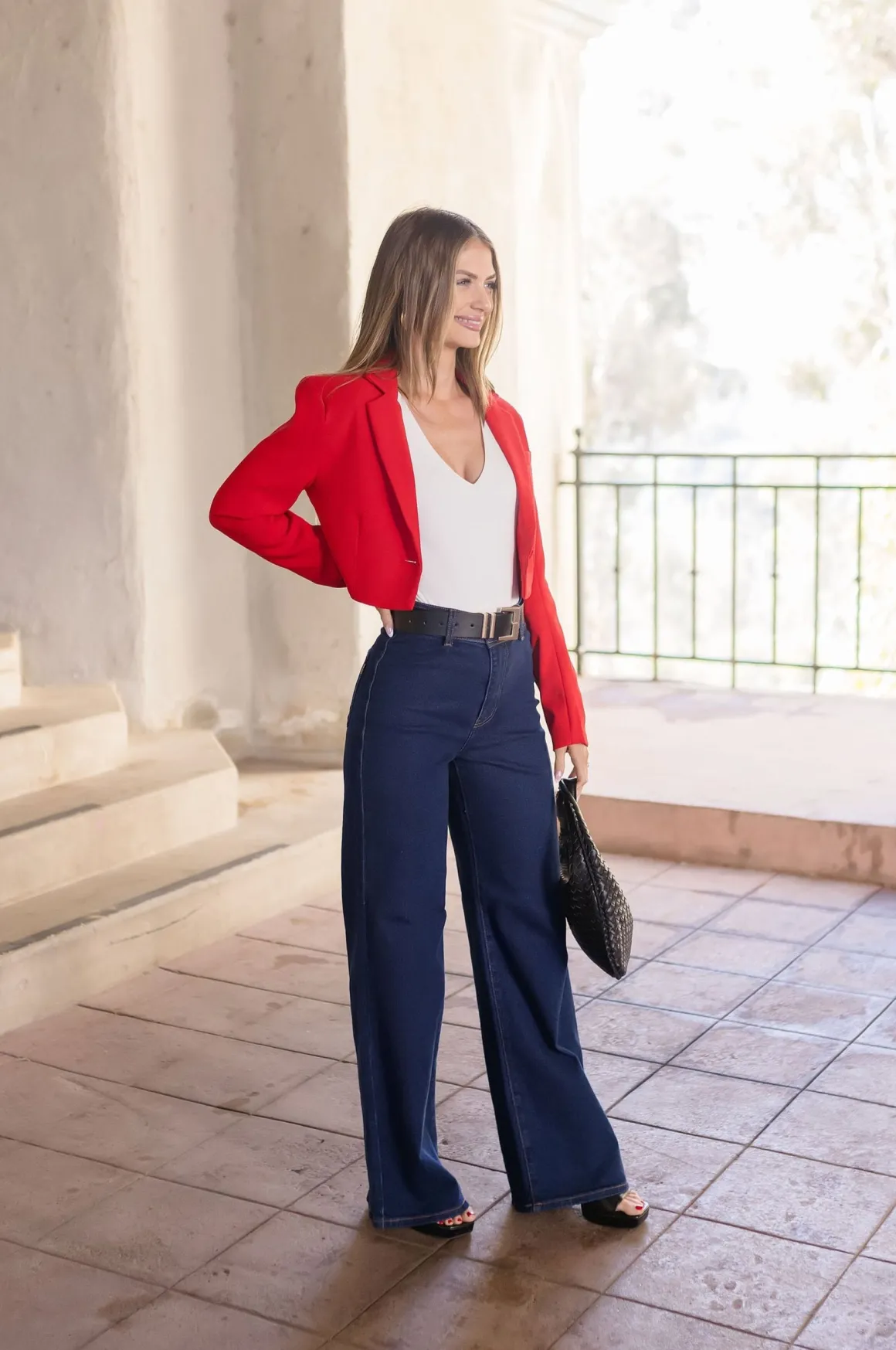 Tiana Long Sleeve Notched Lapel Crop Blazer Red