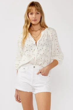 Tiffany Long Sleeve Button Down Eyelet Top White