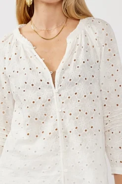 Tiffany Long Sleeve Button Down Eyelet Top White