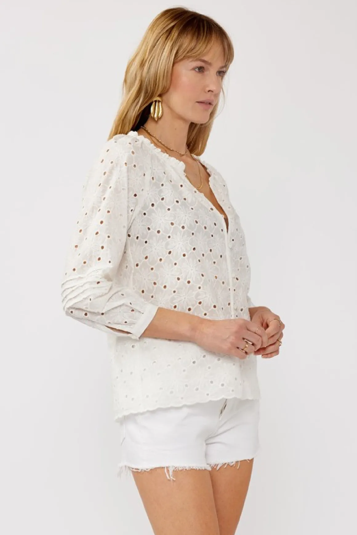 Tiffany Long Sleeve Button Down Eyelet Top White