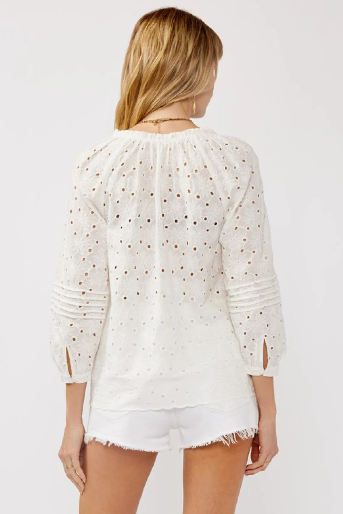 Tiffany Long Sleeve Button Down Eyelet Top White