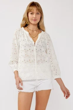 Tiffany Long Sleeve Button Down Eyelet Top White