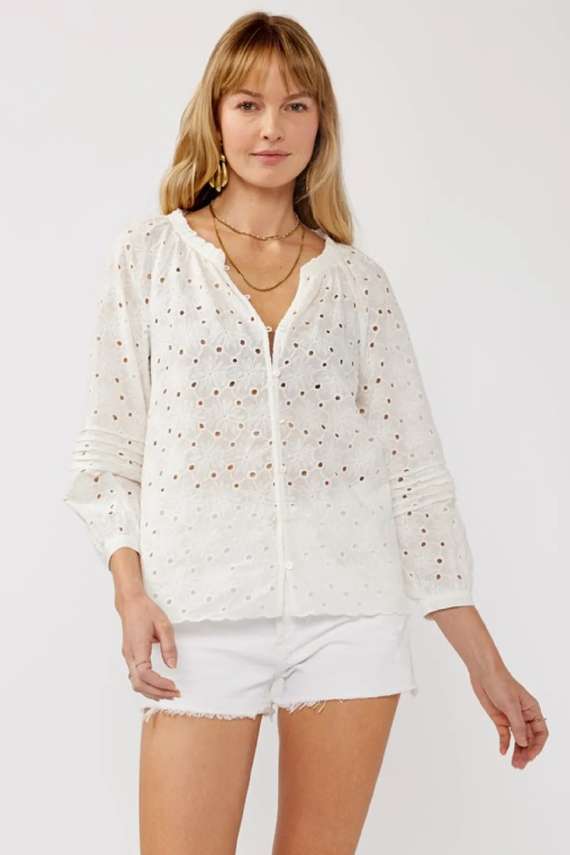 Tiffany Long Sleeve Button Down Eyelet Top White