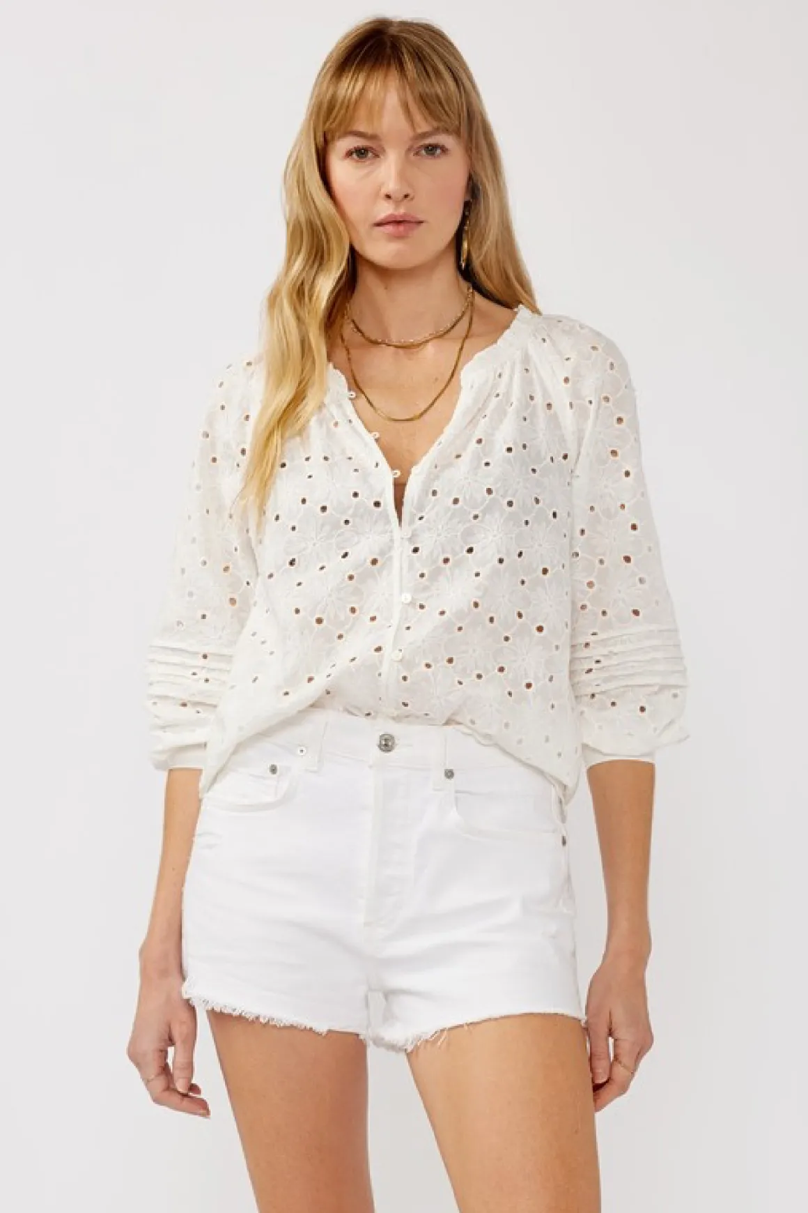 Tiffany Long Sleeve Button Down Eyelet Top White