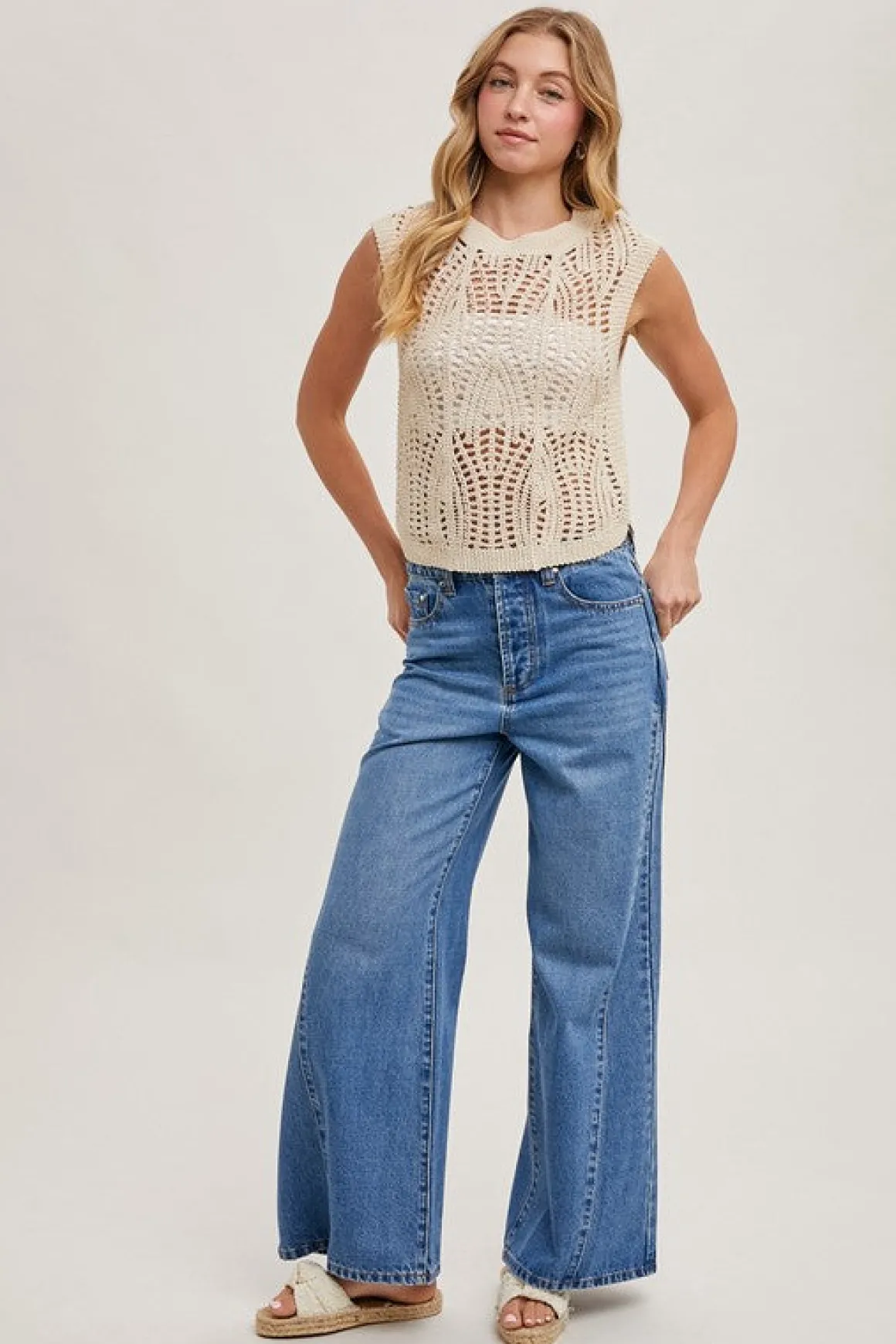 Tina Sleeveless Open Knit Top Natural