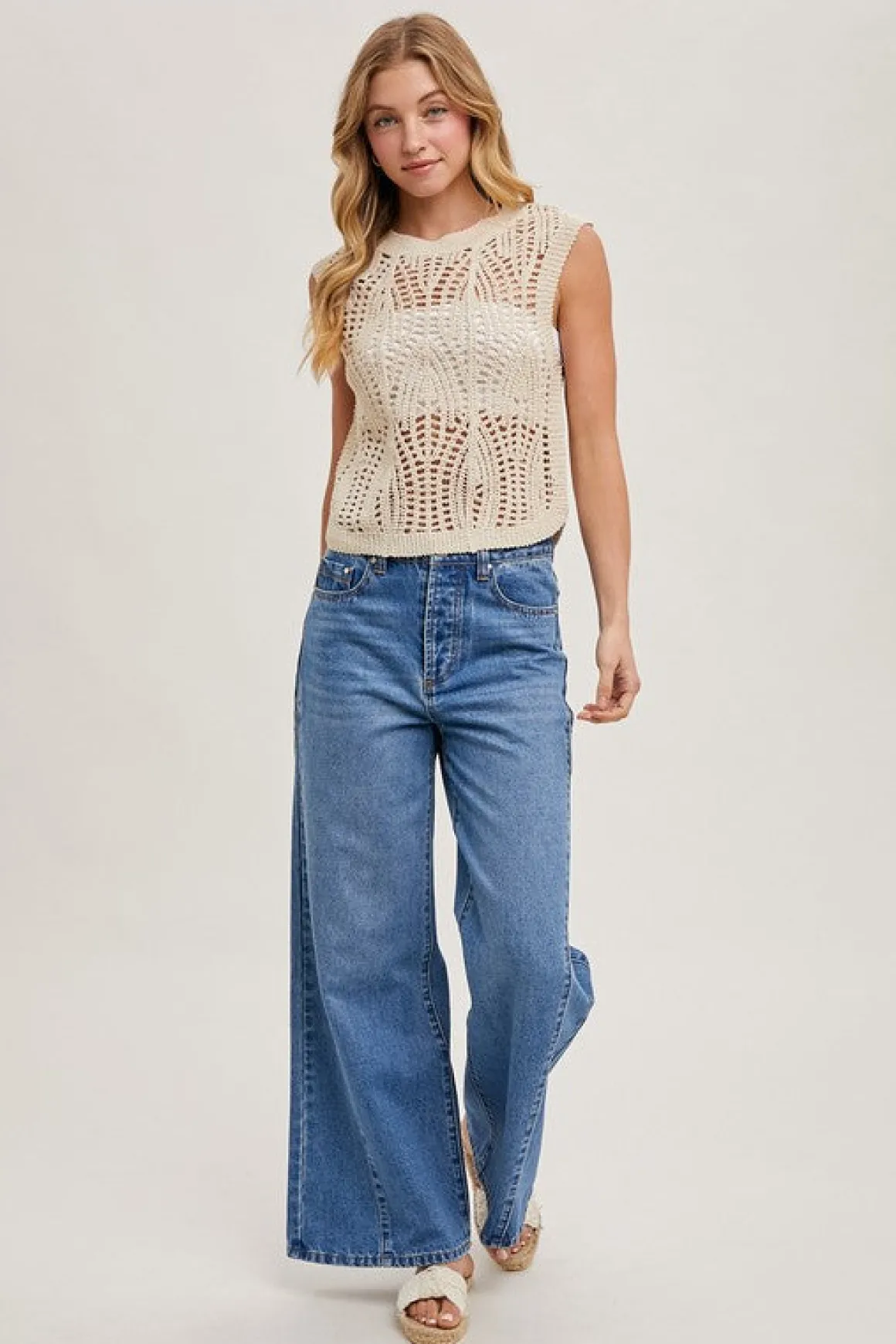 Tina Sleeveless Open Knit Top Natural