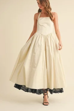 Tracy Sleeveless Halter Lace Contrast Midi Dress Ivory