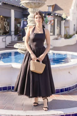 Tracy Sleeveless Halter Lace Contrast Midi Dress Black