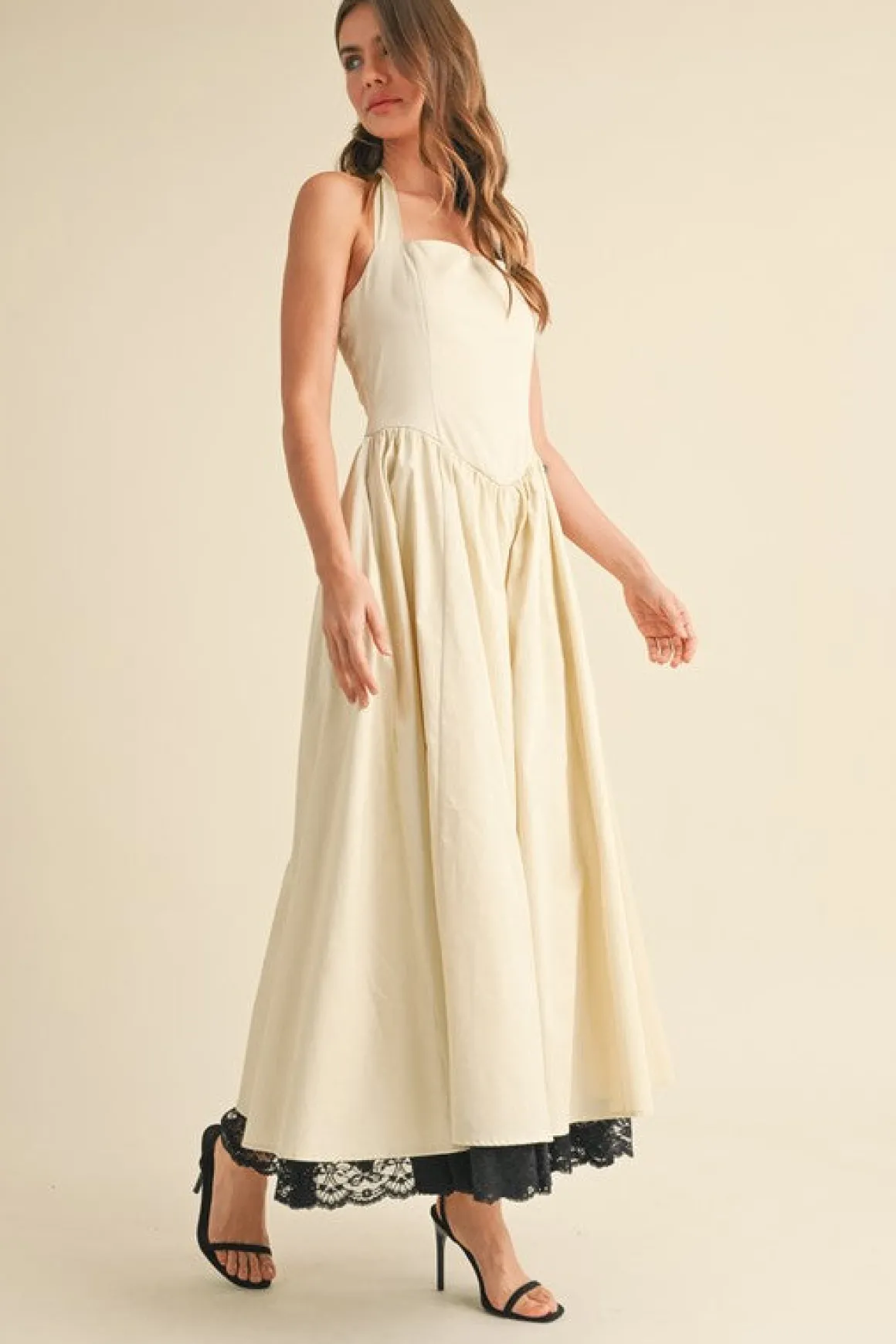 Tracy Sleeveless Halter Lace Contrast Midi Dress Ivory
